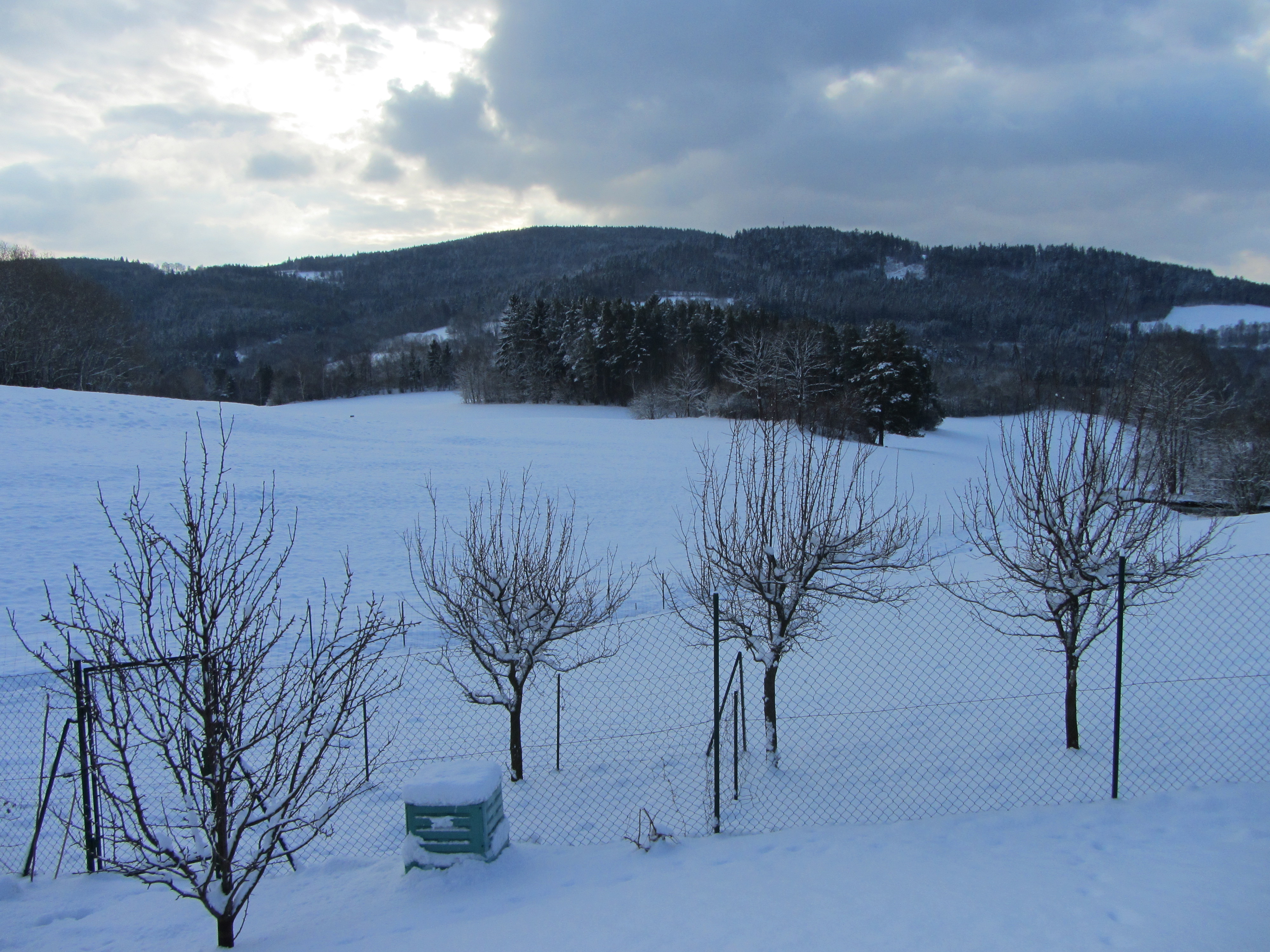 Uitzicht op heuvels van Sumava in de winter. Vakantiehuis of woning te koop Tsjechie.